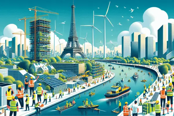 Illustration de la transformation urbaine avec des ouvriers travaillant sur des projets d'infrastructures durables pour les Jeux de Paris 2024.